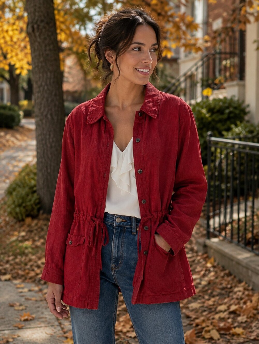 Units Vintage Relaxed Red Linen Button-Front Drawstring Waist Jacket Size L